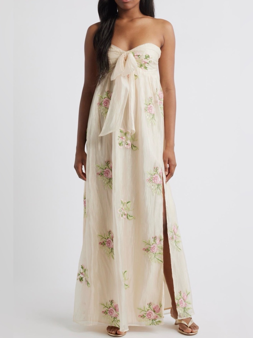 Lulu's x Nordstrom Cream Strapless Maxi Dress with Pink Floral Embroidery